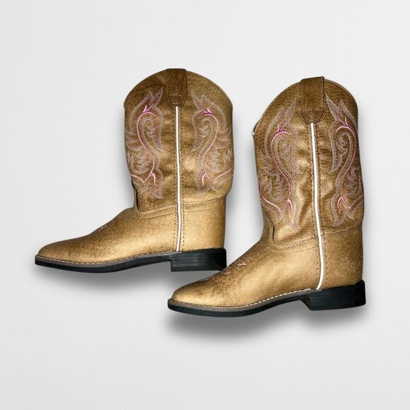 Shyanne Madison Faux Leather Western Boots Size 4 Gold With Pink Embroidery Made - Picture 2 of 6